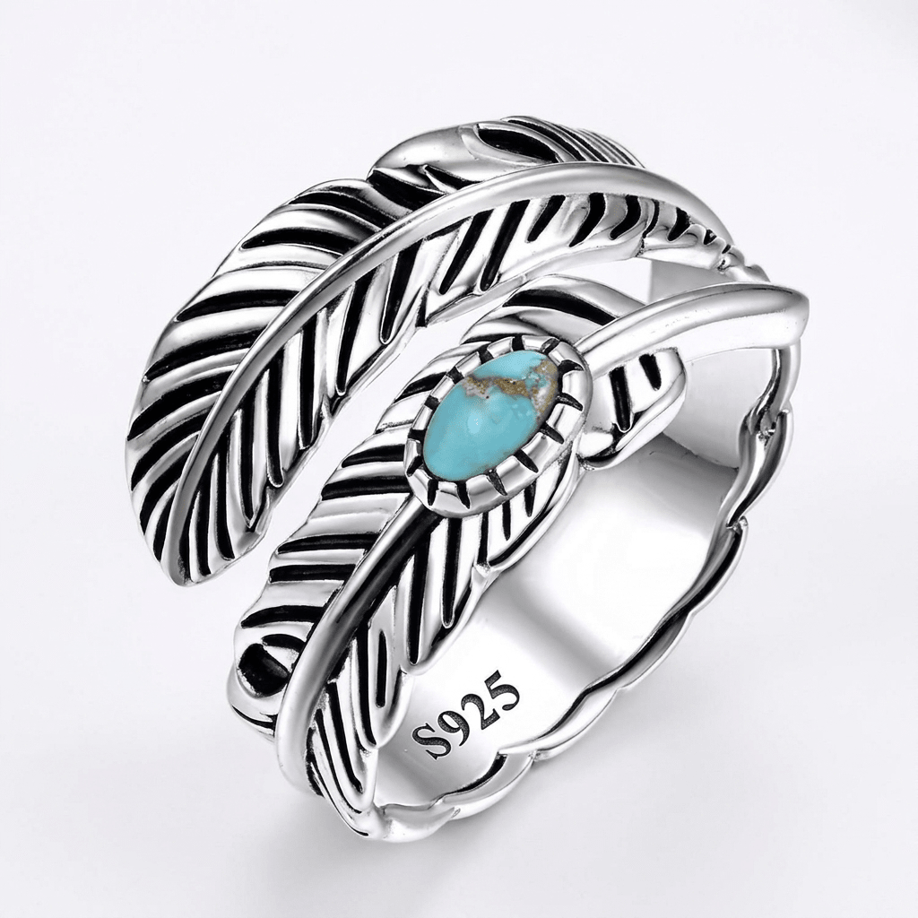 S925 Silver Turquoise Adjustable Feather Ring - Heritage Gemstones