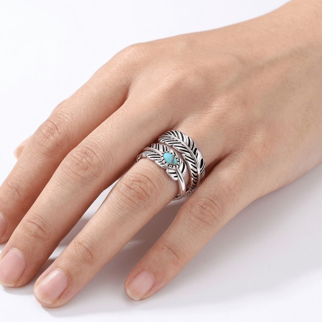 S925 Silver Turquoise Adjustable Feather Ring - Heritage Gemstones